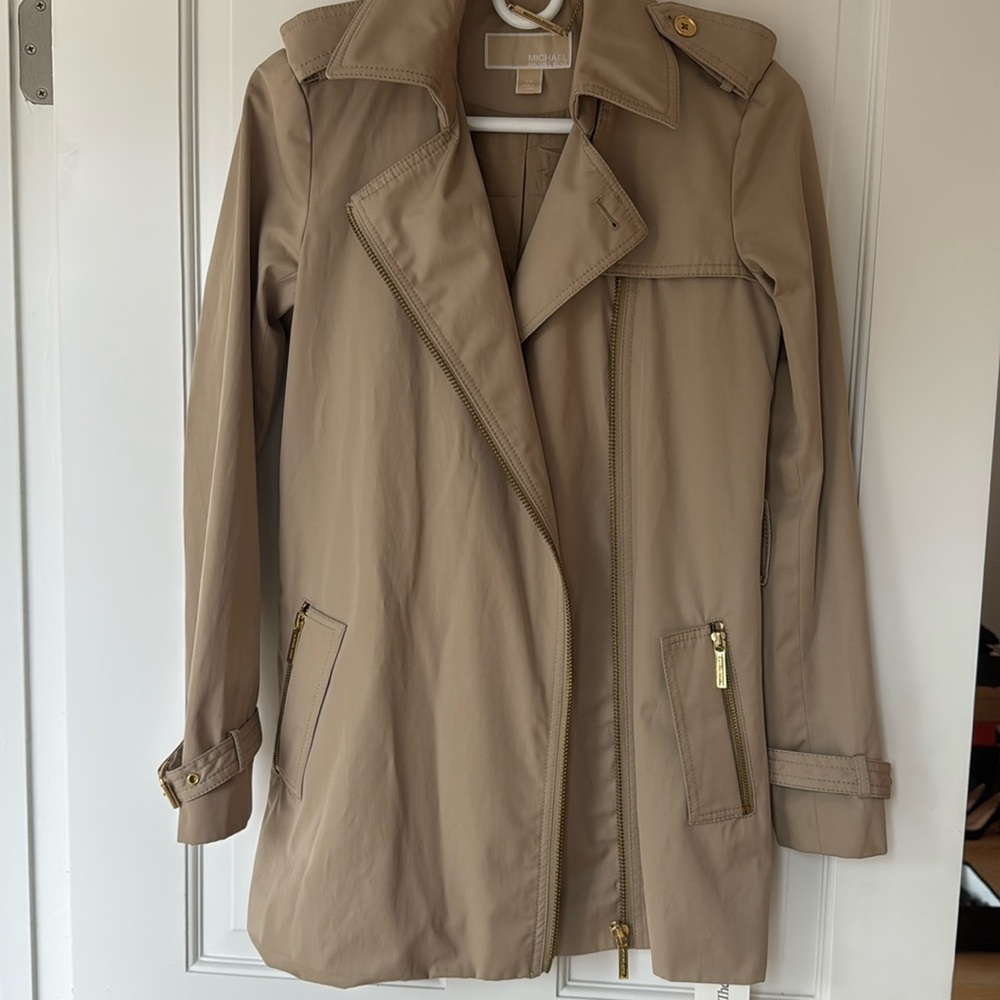 Michael Kors Tan Trench Rain Coat Classic Double-Breasted XS no belt zip front